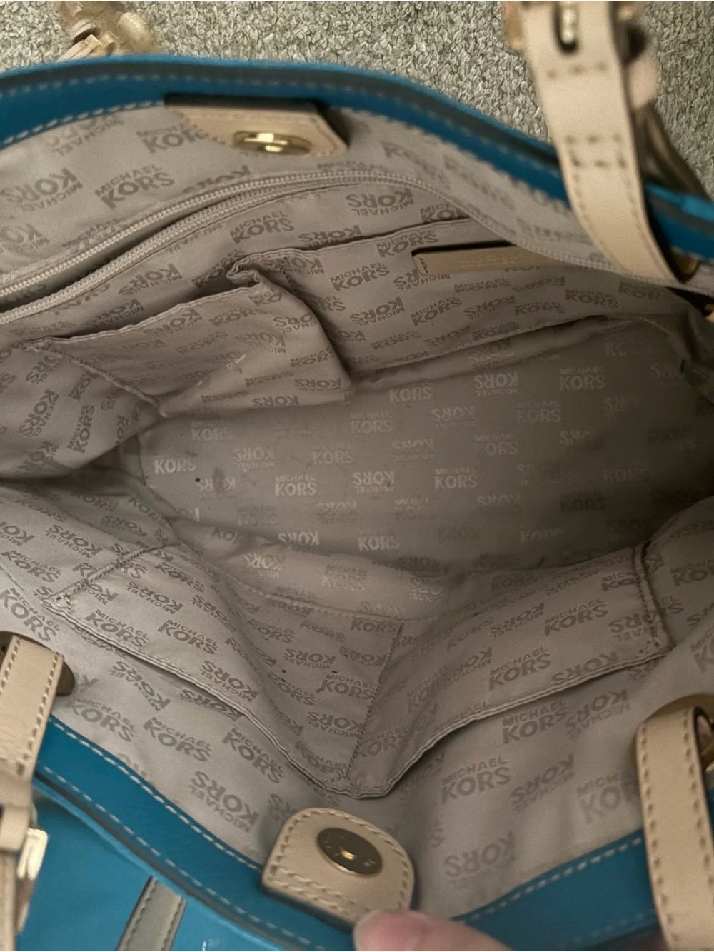 Michael Kors Teal Tote with Beige Straps and Gold Logo Charm